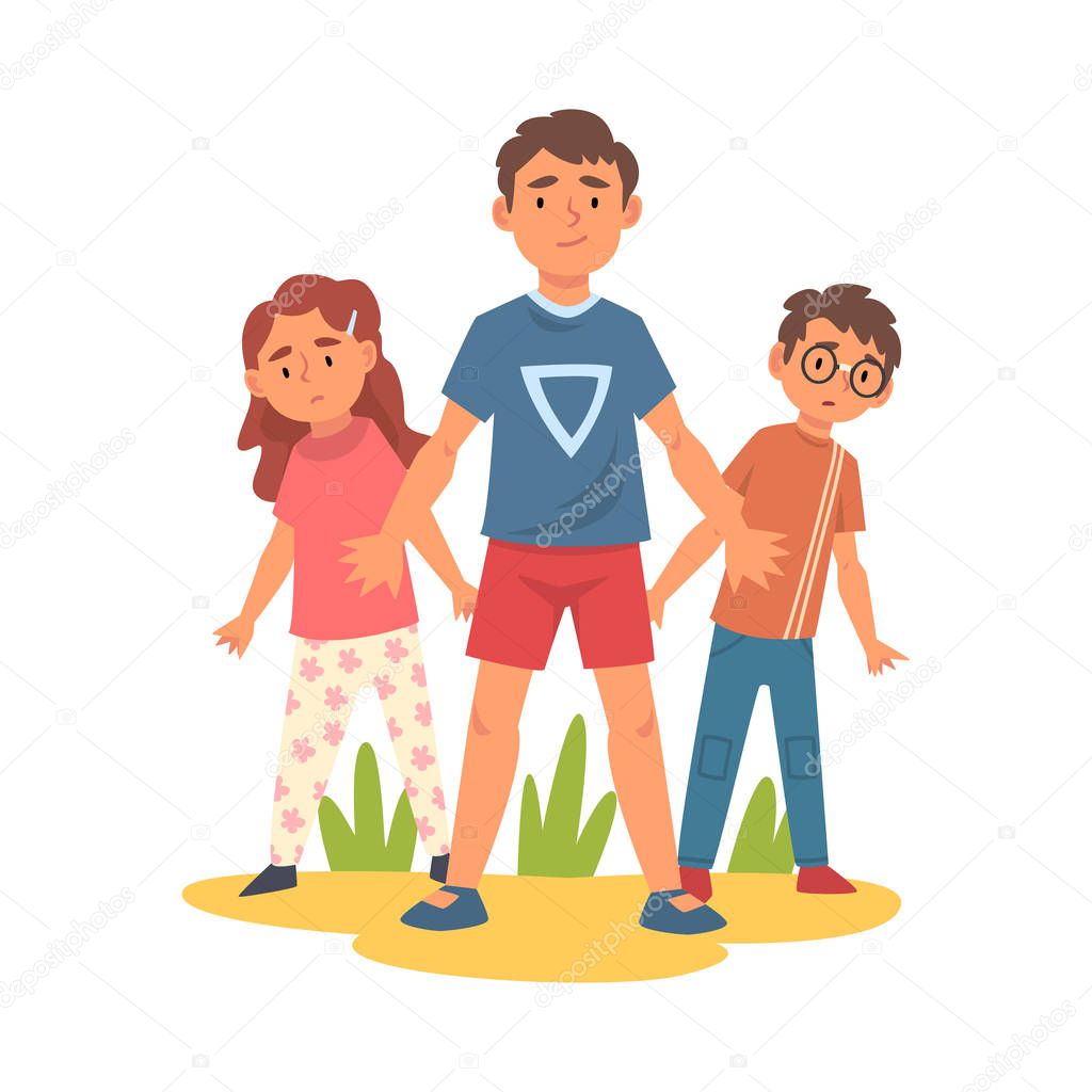 Brave Boy Defending Little Boy and Girl Who Standing Behind Him Vector Illustration