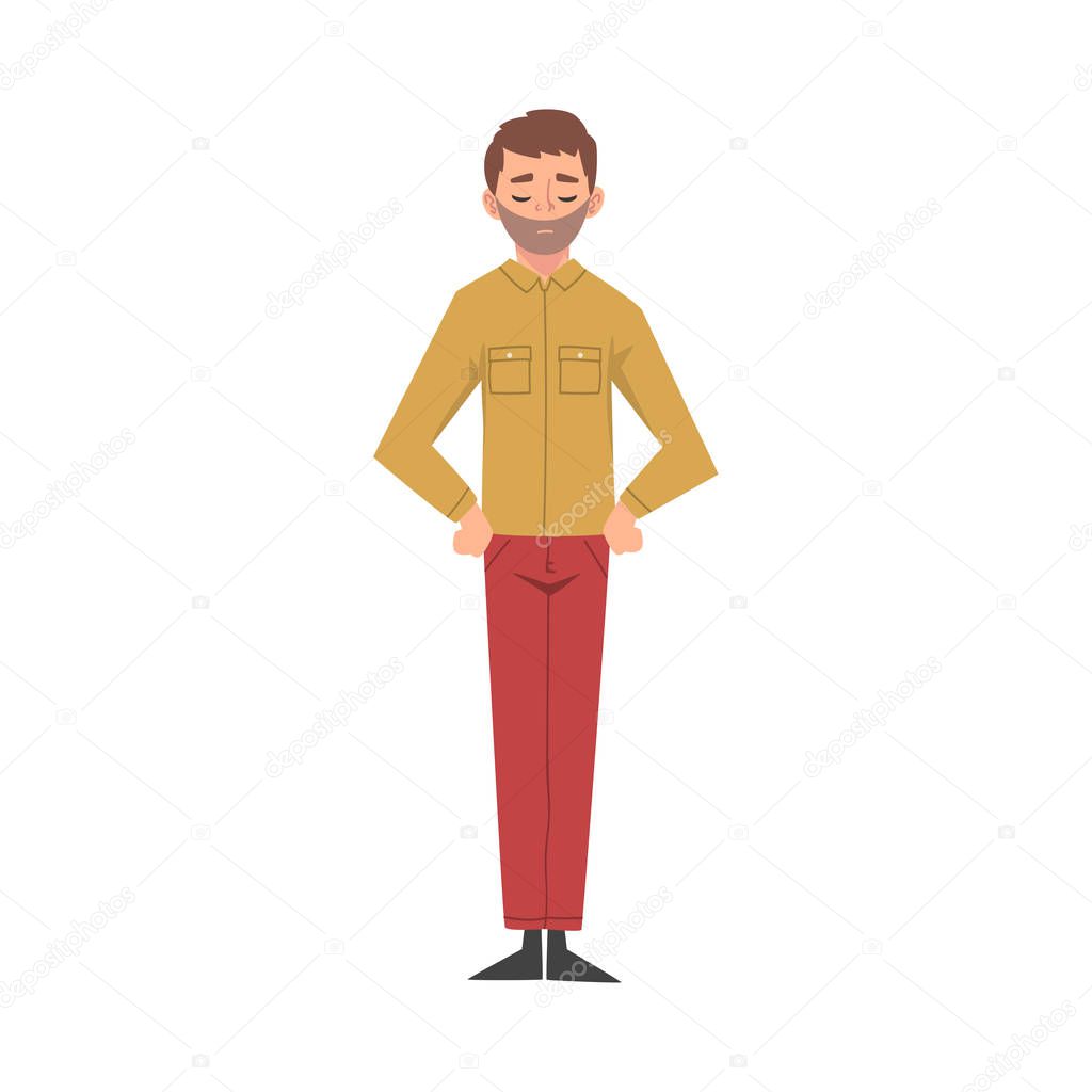 Young Man Standing with Hands on His Waist and Closed Eyes, Calm and Relaxing Father Vector Illustration