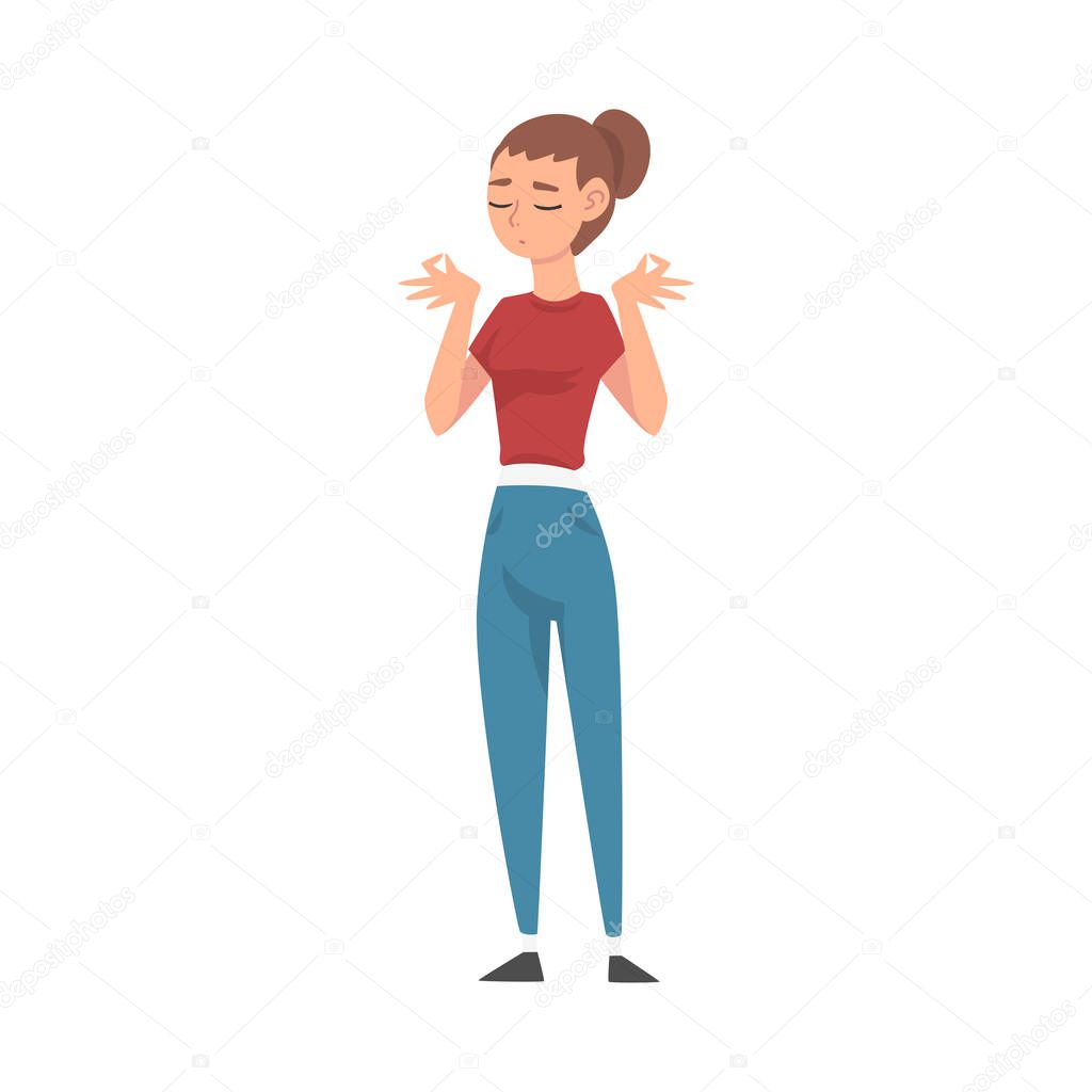 Young Woman Standing and Meditating, Calm and Relaxing Mother Vector Illustration