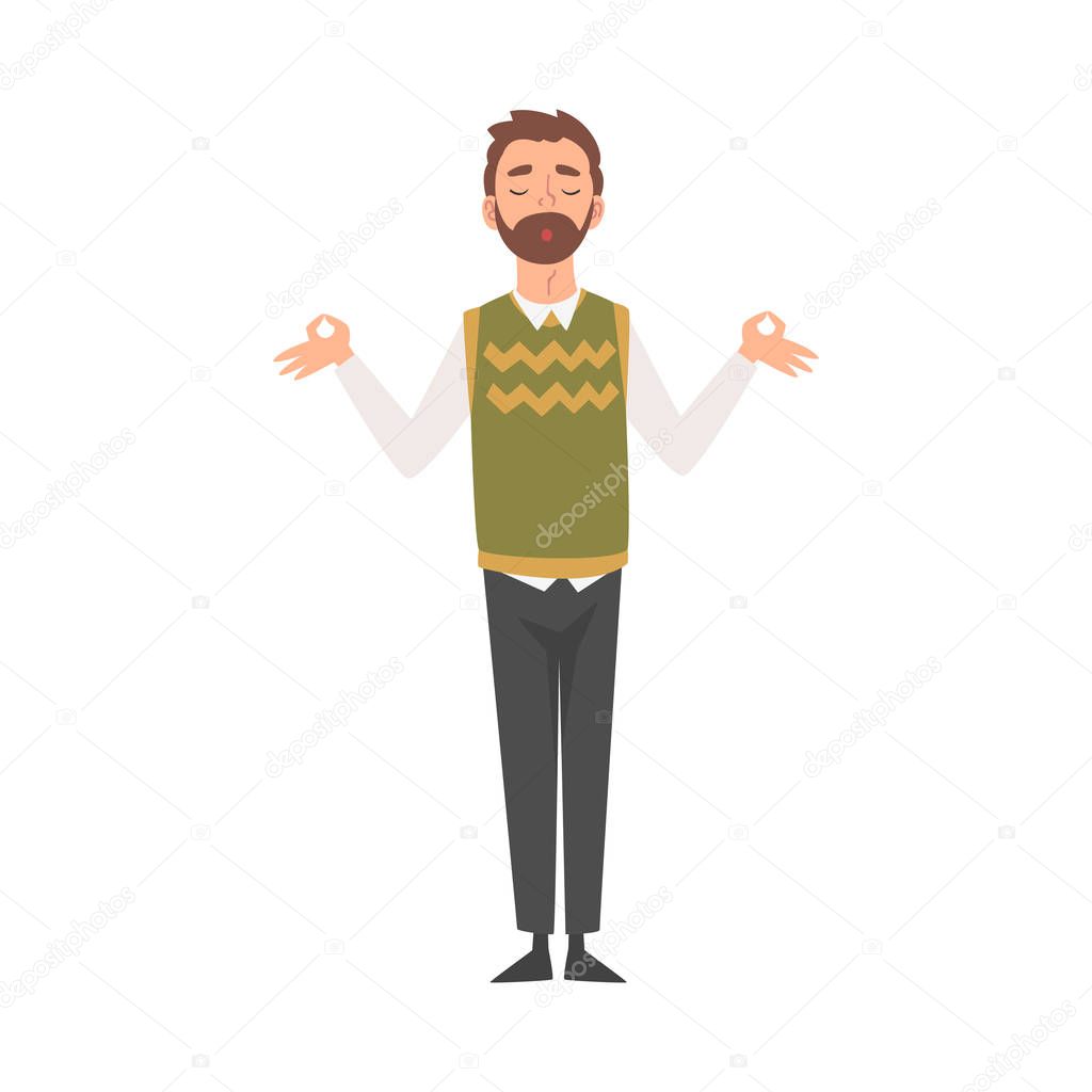 Young Man Standing and Meditating, Calm and Relaxing Father Vector Illustration