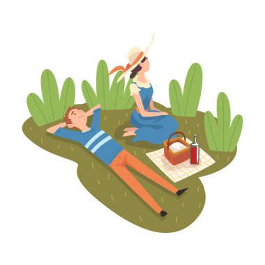 Parkta Piknik Eden Çift, Çimenlerin Üzerinde Oturan Genç Adam ve Kadın ve Rahatlatıcı Vektör İllüstrasyonu