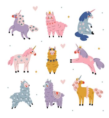 Sevimli Lamalar ve Tek boynuzlu atlar seti, Pastel Renkler Vektör İllüstrasyon Sevimli Hayvanlar Karakterler