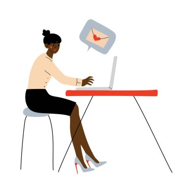 Online Dating, Güzel Afrikalı-Amerikalı Kız Dating veya Partner için Arama Için Laptop kullanarak, Genç Kadın Onun Erkek Arkadaşı Vektör İllüstrasyon Romantik Mesaj Gönderme