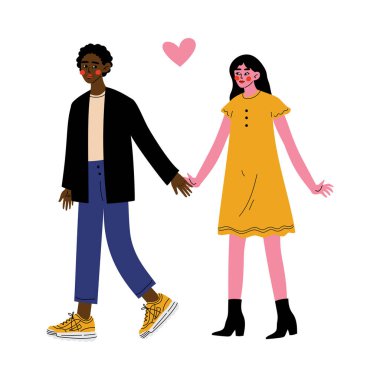 Romantik Çift El Ele Yürüme, İlk Dating Concept Vektör İllüstrasyon