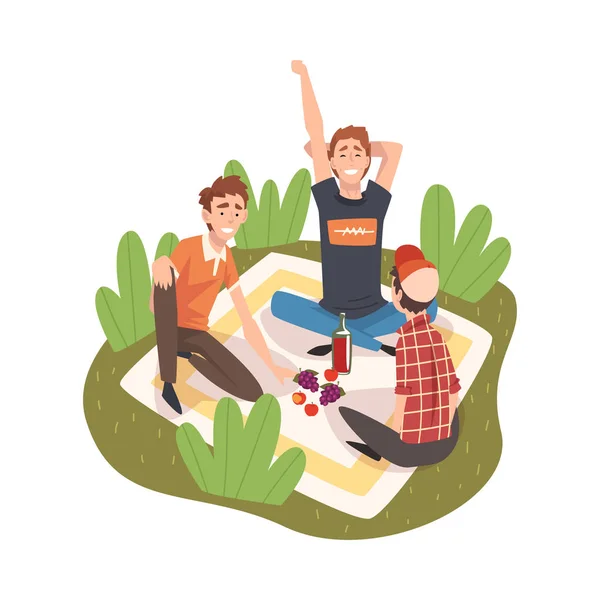 Male Friends Having Picnic In Park, Happy Young Men Sitting on Plaid, Eating and Relaxing Vector Illustration