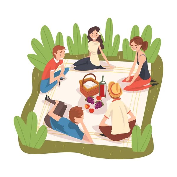 People Having Picnic In Park, Happy Young Men And Women Sitting on Plaid, Eating and Relaxing Vector Illustration — Stock Vector