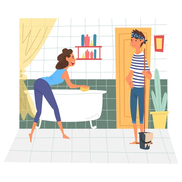 Marido e esposa limpeza casa de banho juntos, Jovem mulher banheira de limpeza, Man Mopping the Floor, Casa de limpeza familiar no fim de semana Vector Ilustração —  Vetores de Stock