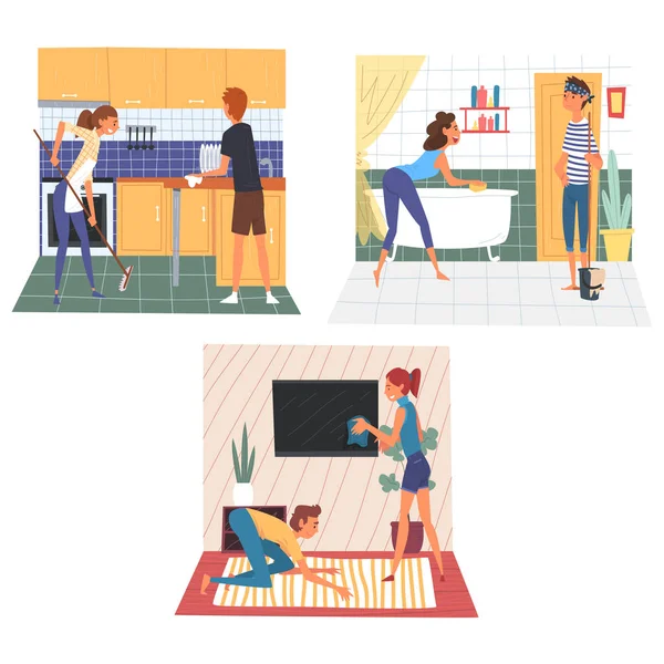 Mąż i żona Robienie housework razem zestaw, Rodzina sprzątanie Dom na weekend wektor ilustracja — Wektor stockowy