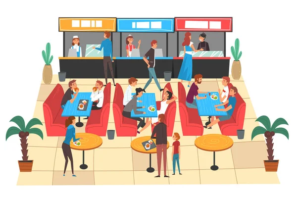 Gente comiendo en el patio de comidas en el centro comercial, gente comprando comida rápida y bebidas Vector Illustration — Vector de stock