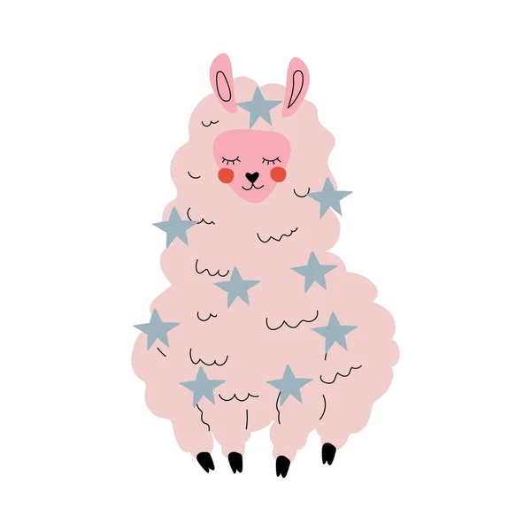 Cute Llama, Adorable White Alpaca Animal Character with Stars, Front View Vector Illustration — Stock Vector