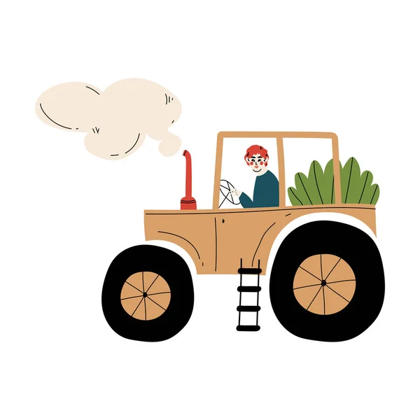 Trator de condução do agricultor masculino com mudas Trabalhador agrícola na ilustração do vetor da fazenda — Vetor de Stock
