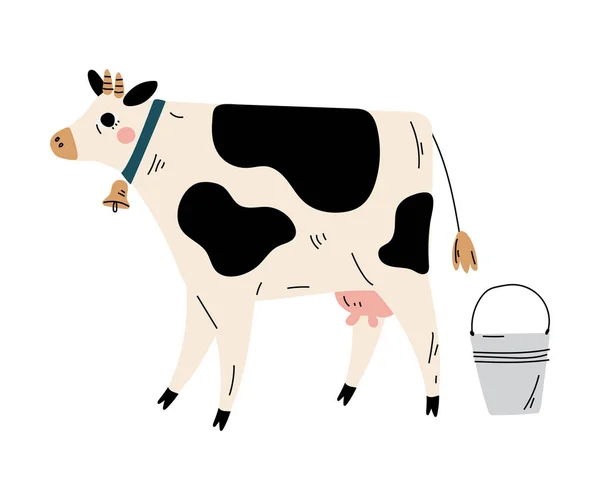 Cow and Bucket of Milk, Agriculture, Dairy Cattle Animal Husbandry Breeding Vector Illustration — Stock Vector