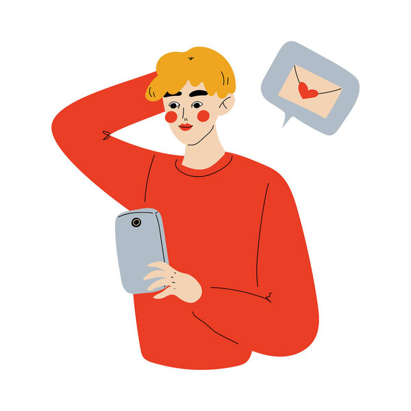 Интернет-знакомства, молодой человек, использующий смартфон для знакомств или поиска романтического партнера, Гай отправляет сообщение своей подруге векторной иллюстрации
