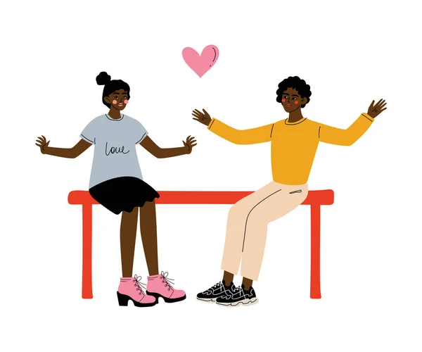 Romantisch Afrikaans Amerikaans paar zittend op Bench, eerste dating concept vector illustratie — Stockvector