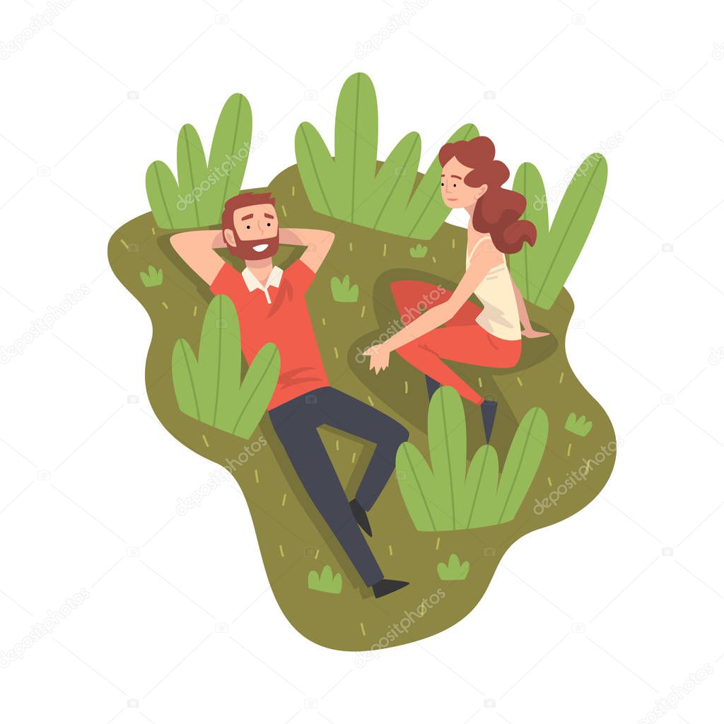 Couple Having Picnic In Park, Happy Young Man And Woman Sitting on Grass and Relaxing Vector Illustration