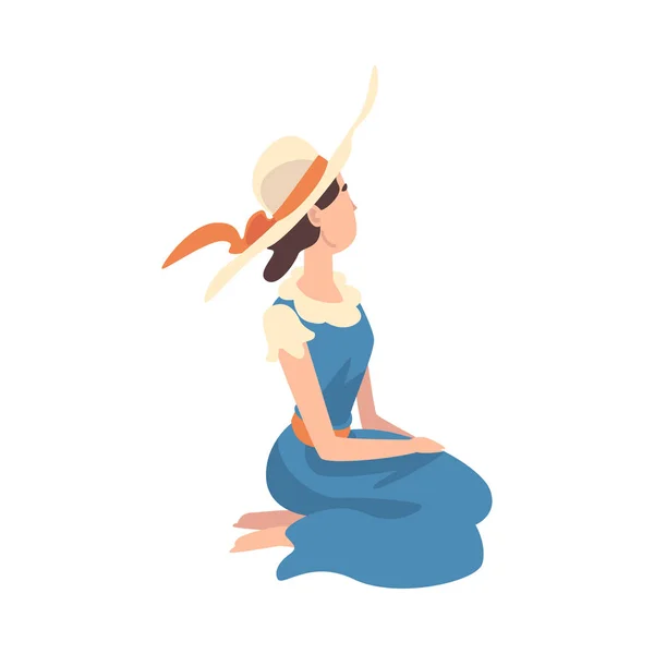 Belle jeune femme habillée en chapeau de paille et robe bleue assise sur ses genoux Illustration vectorielle — Image vectorielle