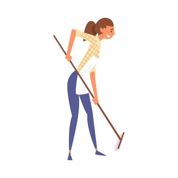 Vrouw Mopping de vloer, meisje doet huishoudelijk werk vector illustratie — Stockvector