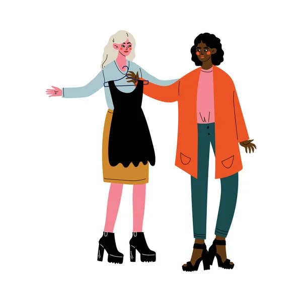 Deux jeunes femmes passent du temps ensemble, Amitié féminine,, Rencontre d'amis ou de collègues, Illustration vectorielle — Image vectorielle