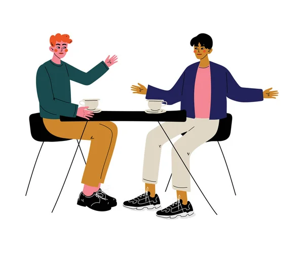Dos hombres tomando café y hablando en Café, Amistad masculina, Amigos pasando tiempo juntos Vector Ilustración — Archivo Imágenes Vectoriales