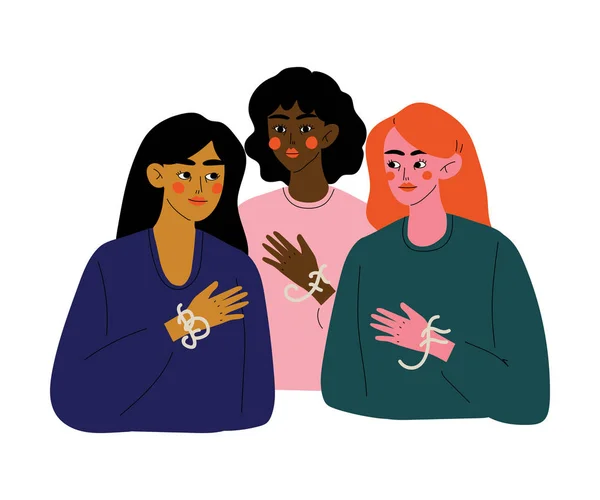 Drie mooie jonge vrouw praten met elkaar, vrouwelijke vriendschap, vrienden tijd samen doorbrengen vector illustratie — Stockvector