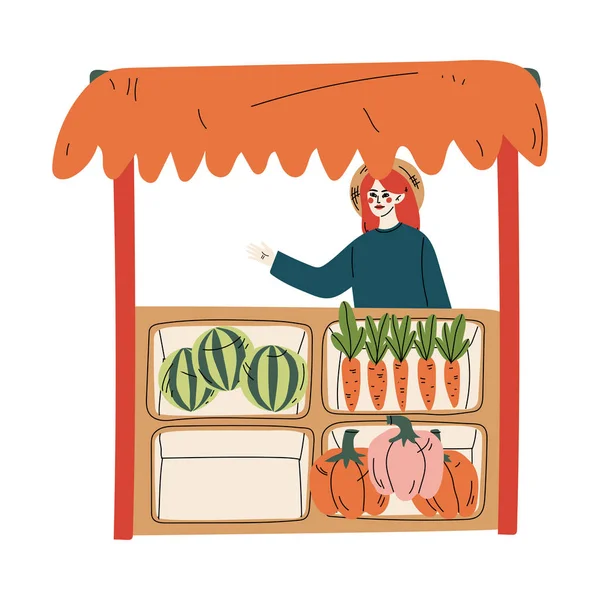 Mujer joven vendiendo verduras frescas en el mercado de agricultores, productos orgánicos naturales frescos en la ilustración del contador vectorial — Archivo Imágenes Vectoriales