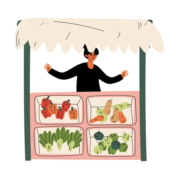 Kobieta sprzedający sprzedaży świeżych warzyw na rynku rolników, świeże naturalne produkty ekologiczne na licznik wektor ilustracji — Wektor stockowy