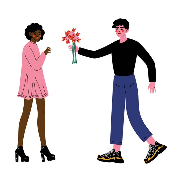 Молодой человек дарит букет цветов счастливой афроамериканской девушке, романтическая иллюстрация вектора свидания — стоковый вектор