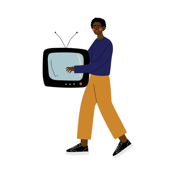 Young African American Man Carrying Retro TV, Guy Shopping at Marketplace Vector Illustration