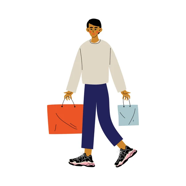 Ung man Walking med shopping väskor, Guy shopping på Marketplace Vector illustration — Stock vektor