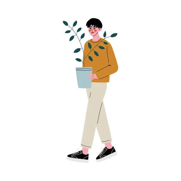 Ung man redovisade House Plant, Guy shopping på Marketplace Vector illustration — Stock vektor