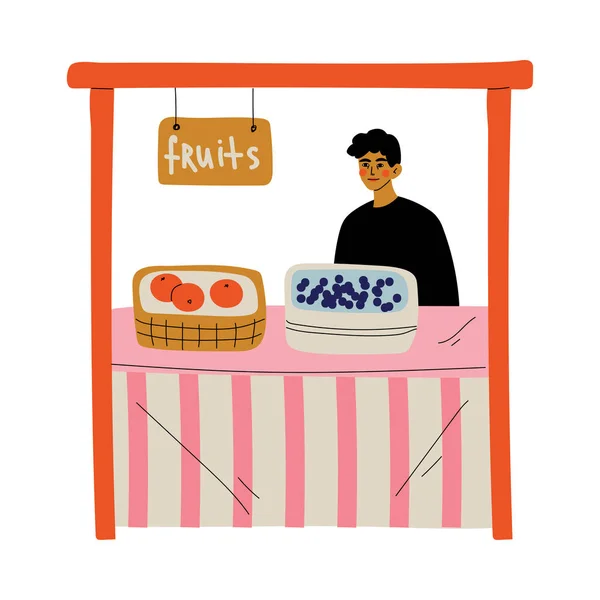 Un jeune homme vend des fruits frais sur le marché Illustration vectorielle — Image vectorielle