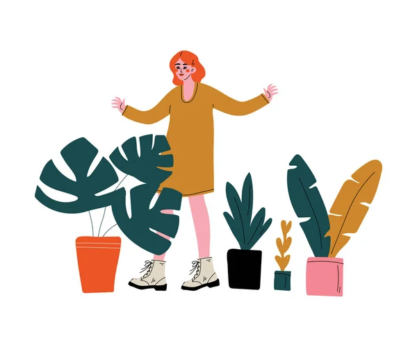 Jeune femme vendant des plantes de maison sur le marché ou au marché aux puces Illustration vectorielle — Image vectorielle