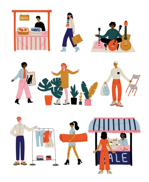 Personas vendiendo y comprando en el mercado o mercado de pulgas Set Vector Illustration — Archivo Imágenes Vectoriales