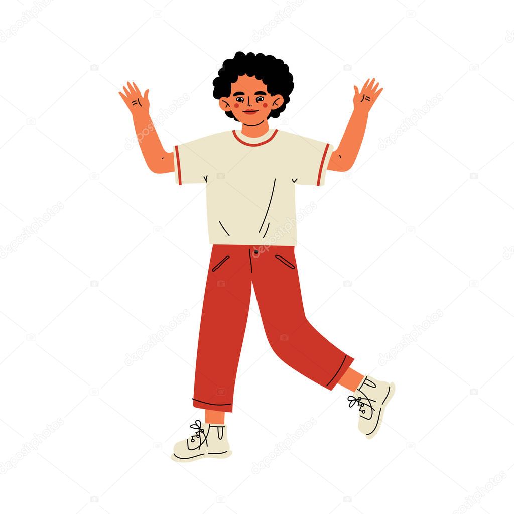 Brunette Cheerful Boy with Curly Hair Standing with Raising Hands Vector Illustration