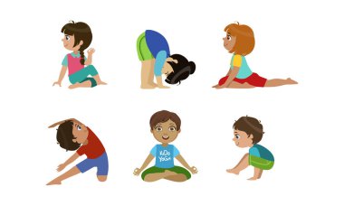 Sevimli Küçük Çocuklar Jimnastik Ve Yoga Egzersizleri Set, Fiziksel Aktivite ve Sağlıklı Yaşam Tarzı Vektör İllüstrasyon yapıyor