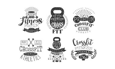 Crossfit Premium Atletizm Retro Etiketler Seti, Fitness Egzersiz Vintage Amblemler Vektör İllüstrasyon