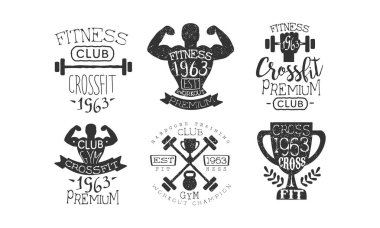 Crossfit Club Retro Etiketler Seti, Fitness Egzersiz Premium Amblemler Vektör İllüstrasyon