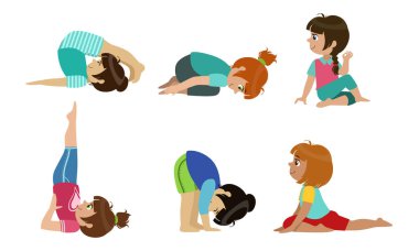 Sevimli Çocuklar Yoga Egzersizleri Set, Fiziksel Aktivite ve Sağlıklı Yaşam Tarzı Vektör İllüstrasyon Performans