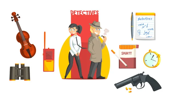 Detective privado masculino y femenino con conjunto de herramientas, pistola, balas, radio, violín, prismáticos, ilustración vectorial — Archivo Imágenes Vectoriales
