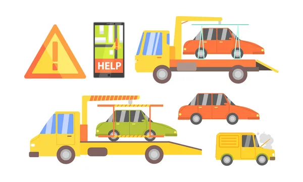 Conjunto de evacuación de automóviles, ayuda de servicio de asistencia vial, seguimiento de remolque de evacuador e ilustración vectorial de automóviles dañados — Vector de stock
