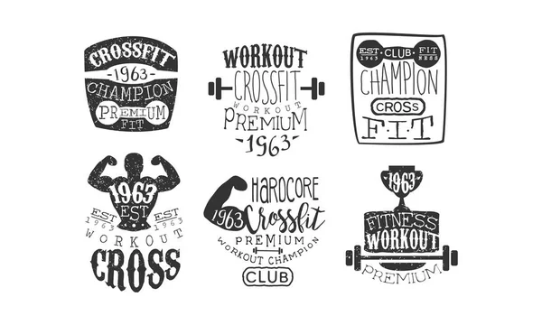 Crossfit Champion Retro Labels Set, Fitness Emblemas de entrenamiento Vector Ilustración — Vector de stock