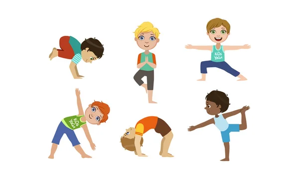 Niedlichen Jungen und Mädchen, die Gymnastik und Yoga-Übungen Set, körperliche Aktivität und gesunden Lebensstil Vektor Illustration — Stockvektor