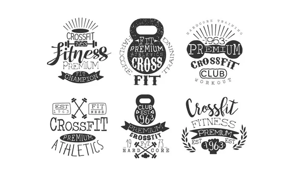 Crossfit Premium Atletismo Retro Etiquetas Set, Fitness Entrenamiento Vintage Emblemas Vector Ilustración — Archivo Imágenes Vectoriales