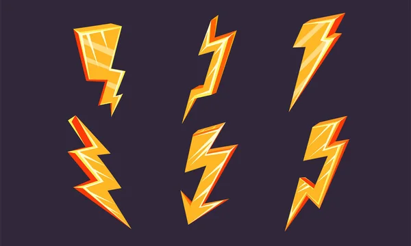 Lightning Bolt Symbols Set, Bright Yellow Thunderbolts Icons Vector Illustration — Stock Vector