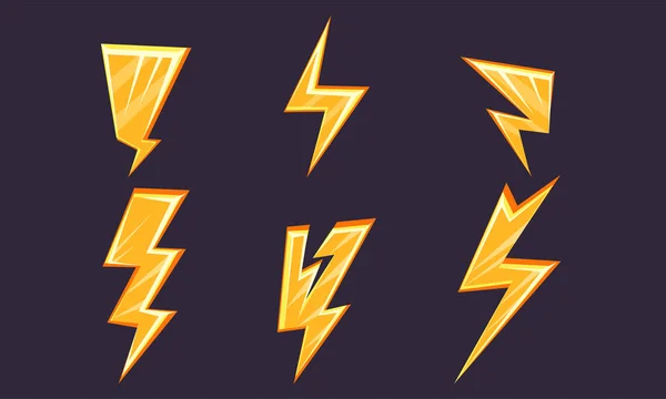 Lightning Bolt Set, Bright Yellow Thunderbolts Icons Vector Illustration — Stock Vector
