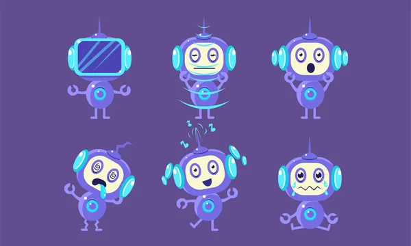 Conjunto de personagens de robô bonito, robótica engraçada em diferentes Poses e várias emoções ilustração vetorial — Vetor de Stock