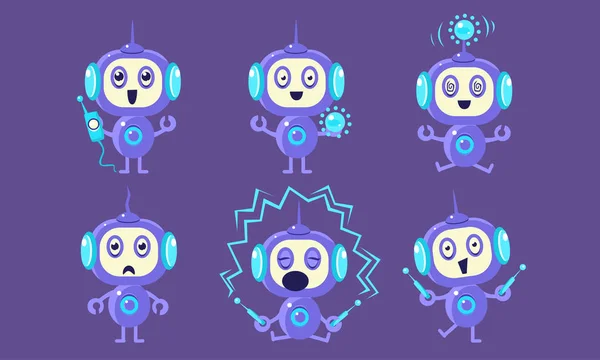 Lindo conjunto de caracteres de robot, adorable robótica en diferentes posturas y varias emociones Vector Ilustración — Archivo Imágenes Vectoriales