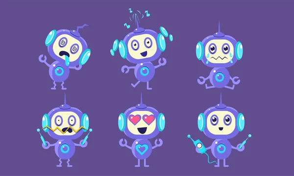 Lindo Robot conjunto de caracteres, divertido adorable robótica mostrando diferentes emociones Vector Ilustración — Vector de stock