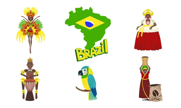 Brasile Set di simboli, viaggi e attrazioni del Brasile Paese Vettore Illustrazione — Vettoriale Stock