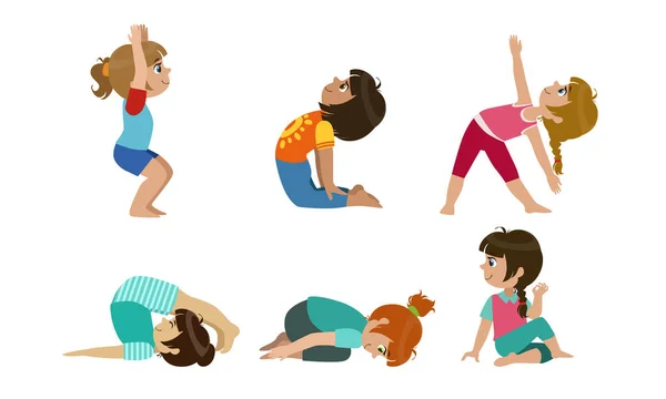 Lindos niños que realizan gimnasia y ejercicios de yoga, actividad física e ilustración vectorial de estilo de vida saludable — Vector de stock